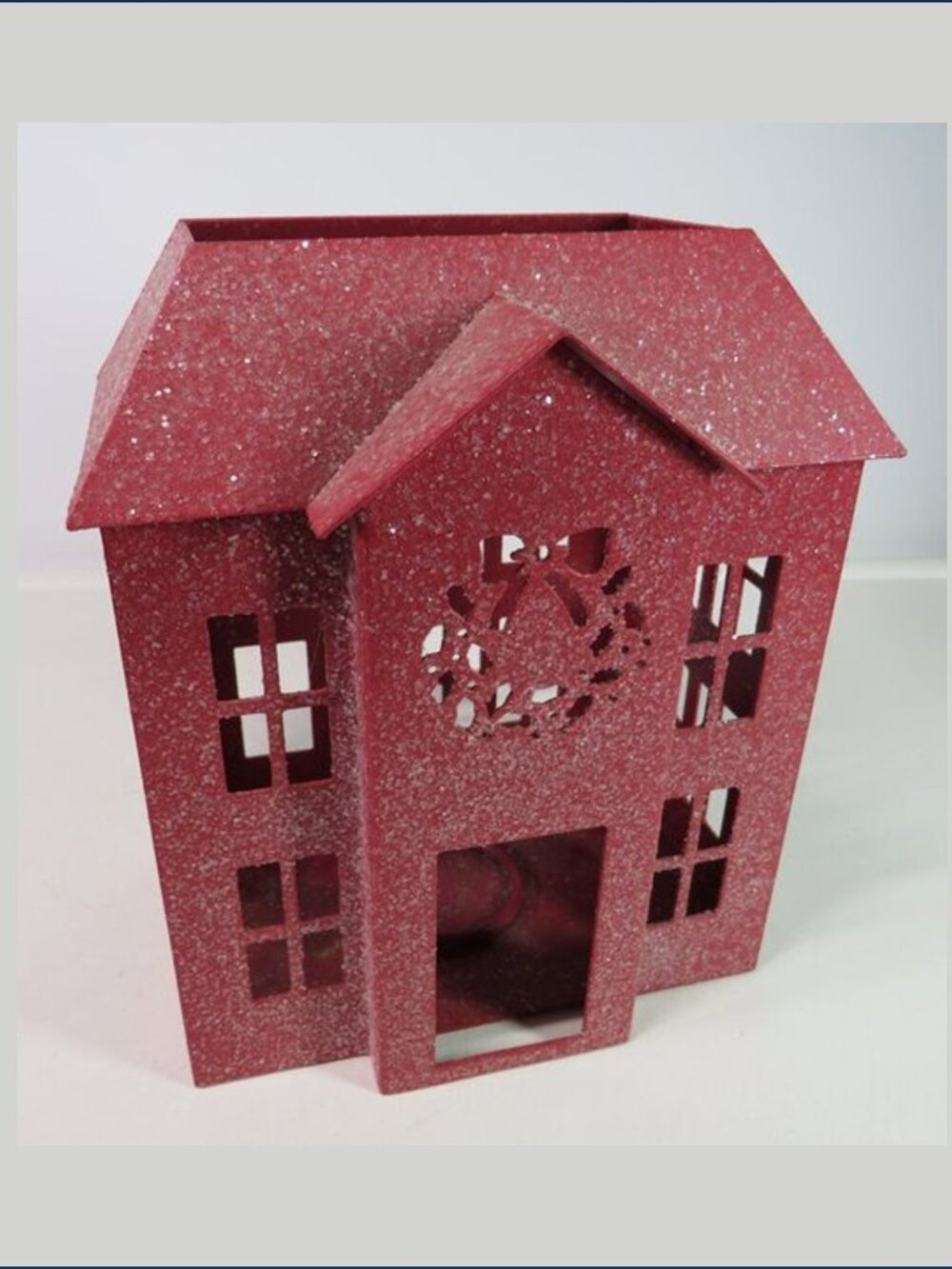 Red Metal House Luminary Glitter Tea Light Candle Holder Removable Roof Wreath
